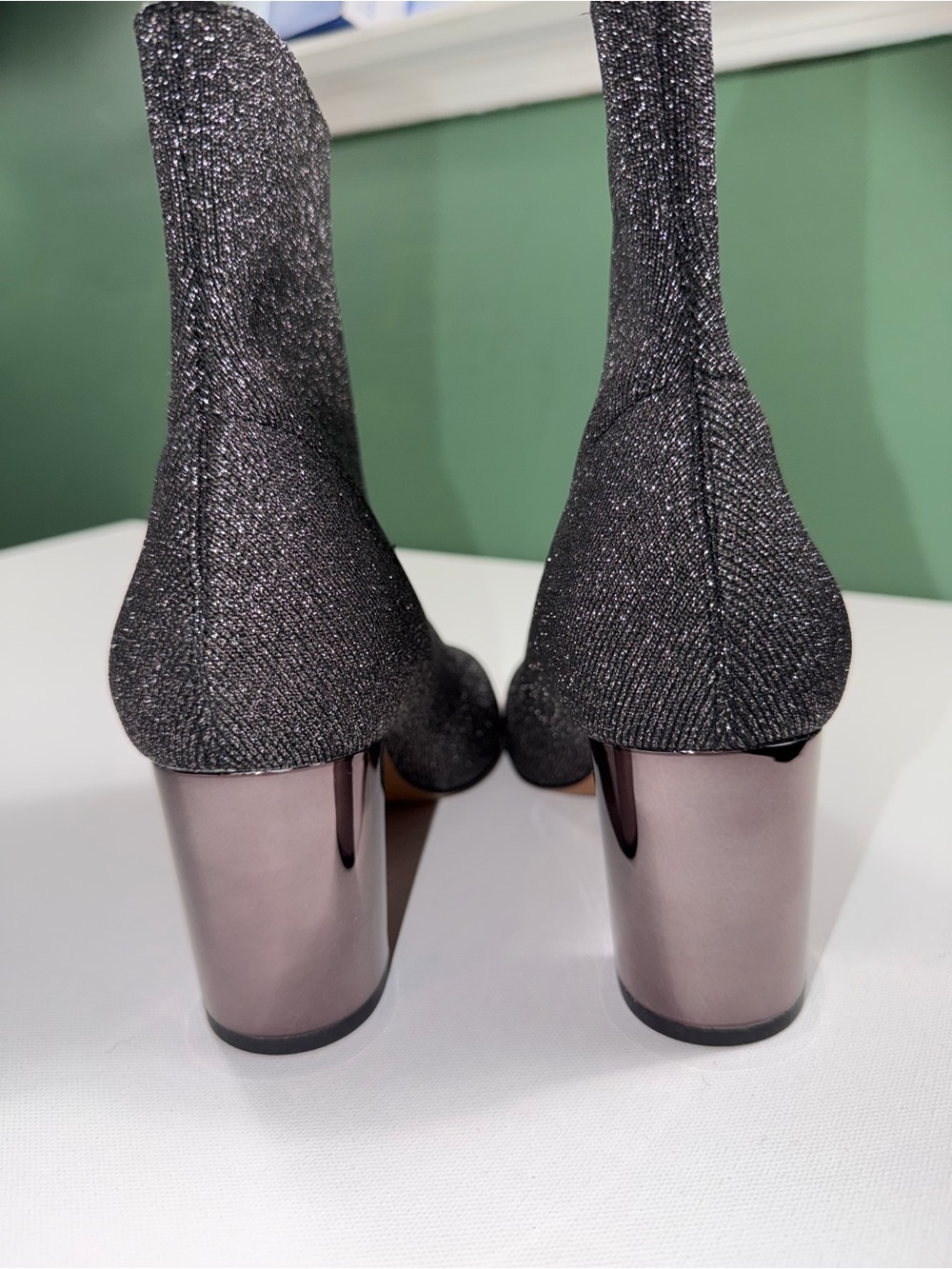 Banana Republic Metallic Gunmetal Sparkle Sock Ankle Boots Size 10 Block Heel - Picture 3 of 10